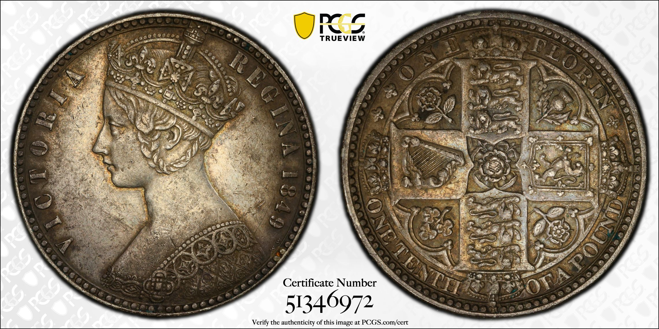 Great Britain, Victoria, S-3890, Godless type, Florin, 1849, PCGS XF45