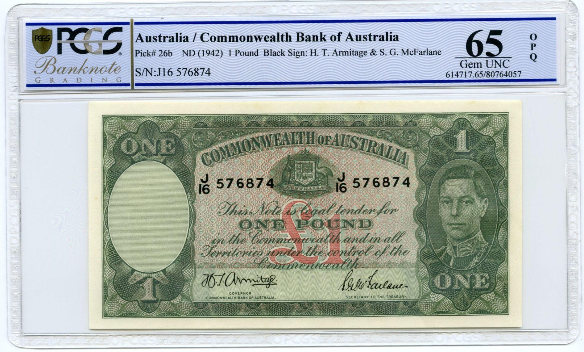 85 · Commonwealth Bank of Australia, Sign.: Armitage & McFarlane, 1 Pound, ND (1942), PCGS - Gem UNC 65 PPQ