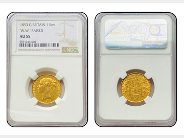 1853 VICTORIA YOUNG HEAD 'W.W. RAISED' SHIELD GOLD SOVERIEGN NGC AU55