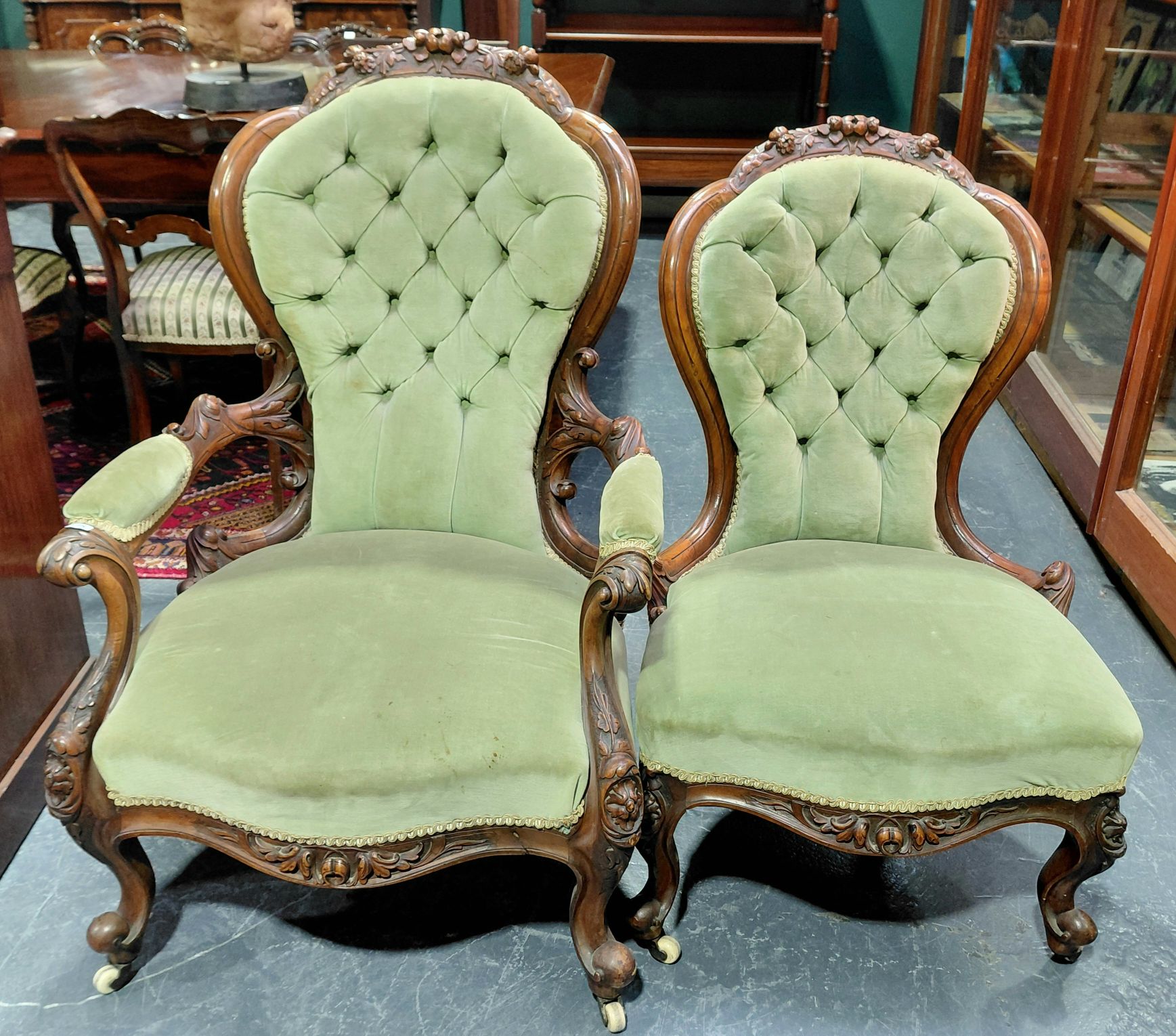 598 · PAIR OF GRANDFATHER AND MOTHER CHAIRS