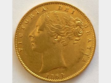1864 VICTORIA YOUNG HEAD #DIE 92 SHIELD GOLD SOVEREIGN