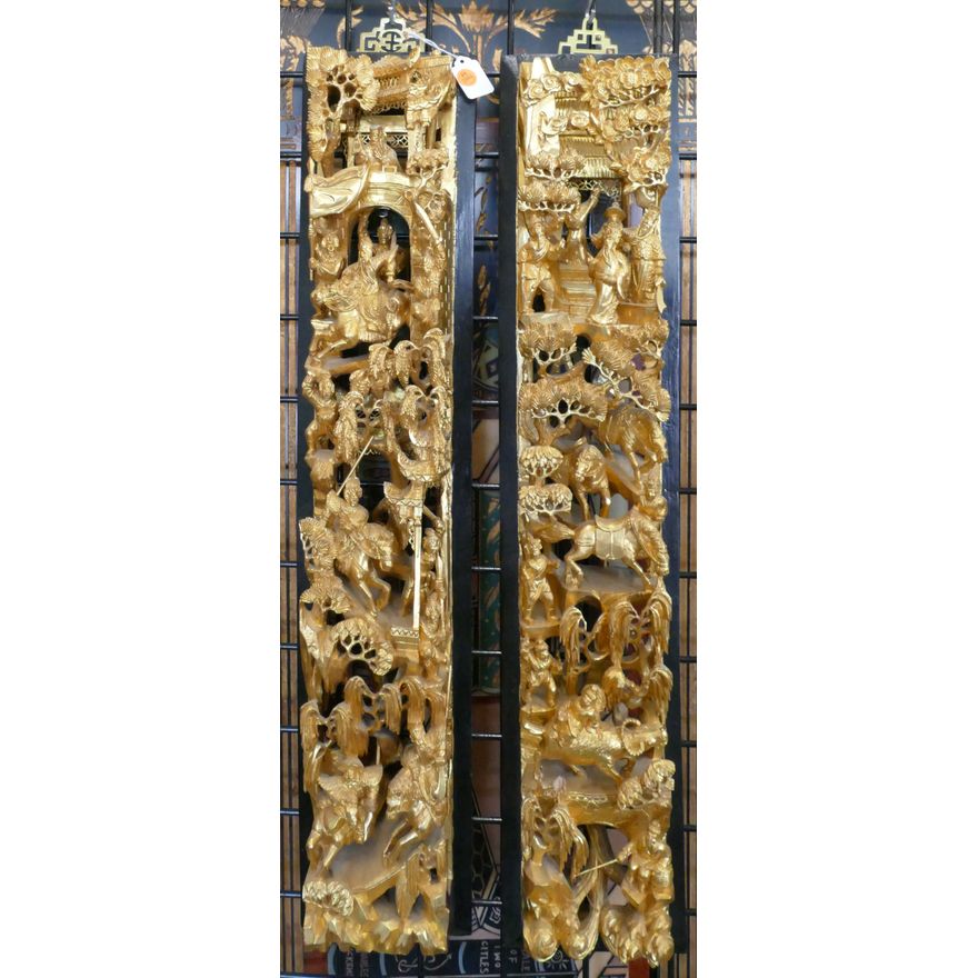 2pc Chinese Gold Gilt Mounted Temple Fragments 32'' x 6''