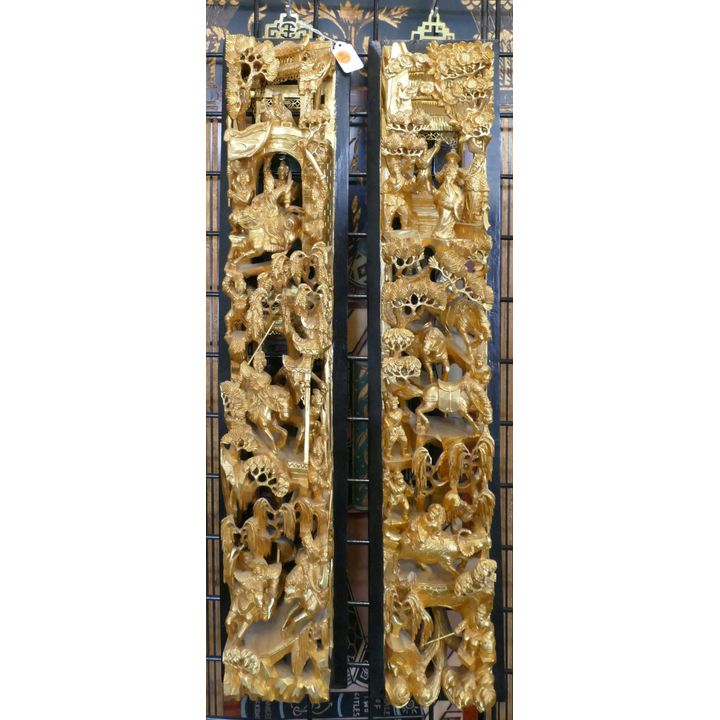 2pc Chinese Gold Gilt Mounted Temple Fragments 32'' x 6''