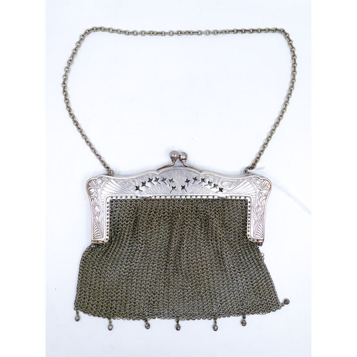 Art Nouveau Coin Silver Mesh Hand Bag or Purse 7''x6.5'' - 308 Grams TW