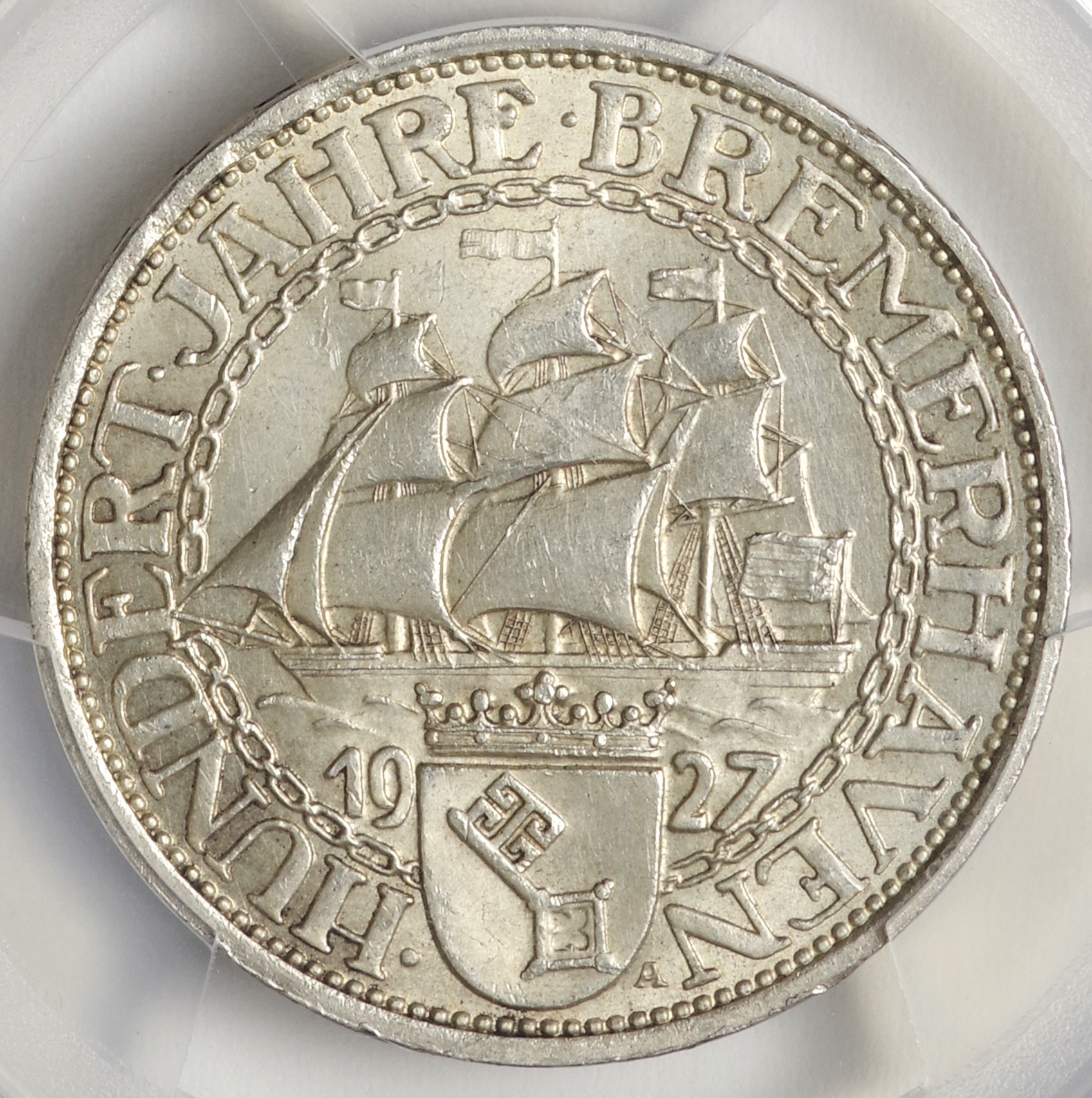 1927年ドイツ ワイマール共和国 ブレーマーハーフェン3マルク銀貨