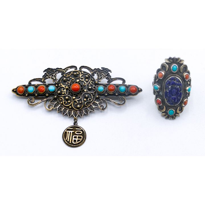 2pc Old Tibetan Silver Turquoise & Coral Brooch and Ring