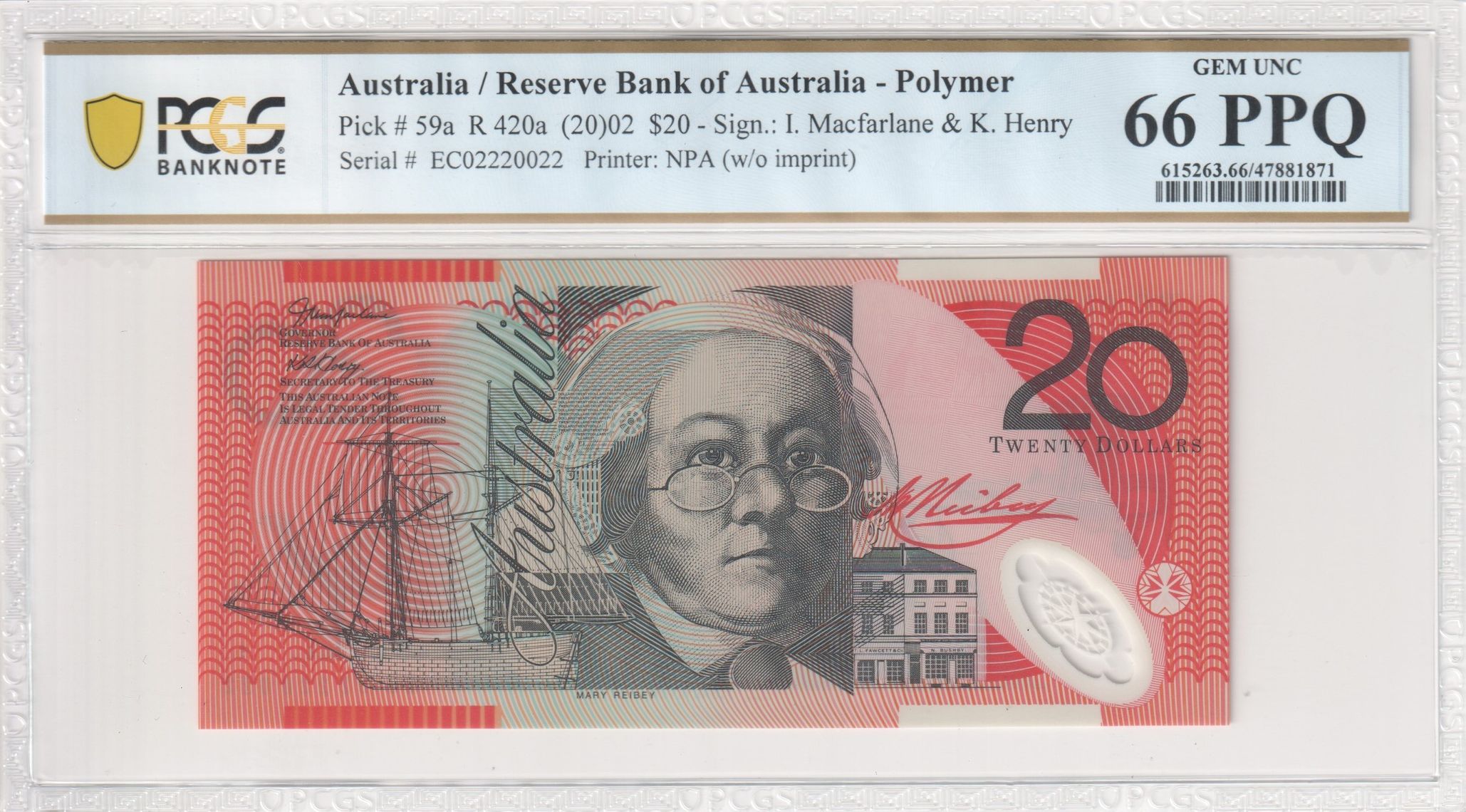 Macfarlane/ Henry, Twenty Dollar, 2002, PCGS Gem UNC 66 PPQ