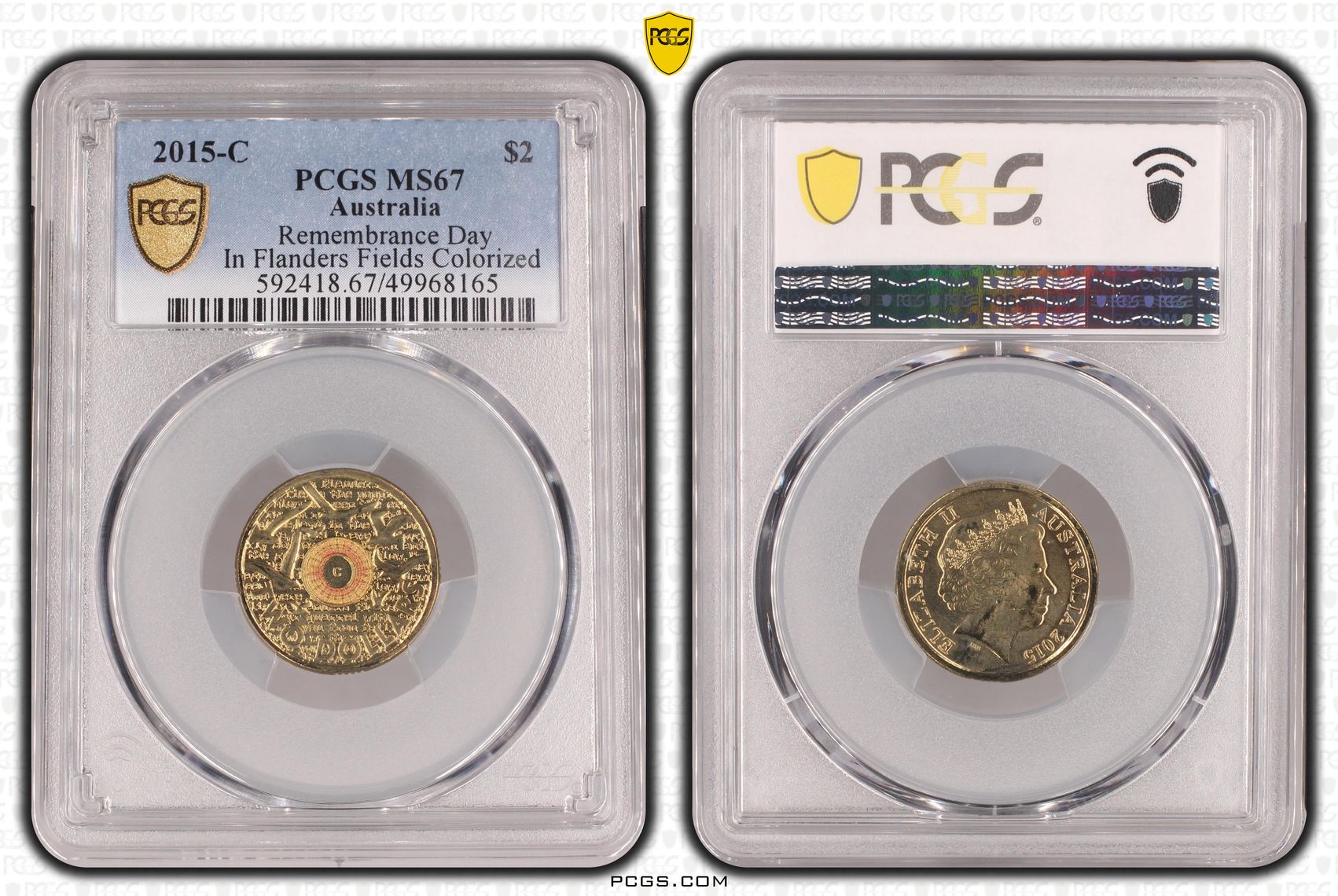 Remembrance Day-In Flanders Fields Colorized , Two Dollar, 2015-C, PCGS MS67