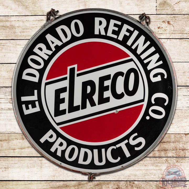 Outstanding Elreco El Dorado Refining Co. Products Gasoline 42" Double Sided Porcelain Sign w/ Ring