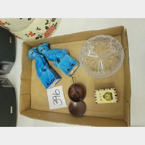 Cut glass ash tray, foo dog figurines and other items