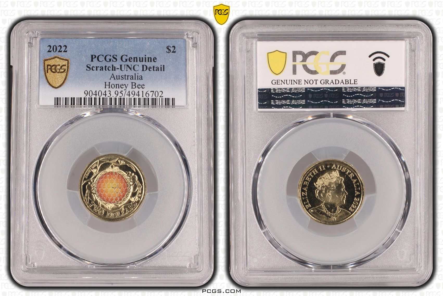 Honey Bee Colourised, Two Dollar, 2022, PCGS Genuine - UNC Details (95 - Scratch)