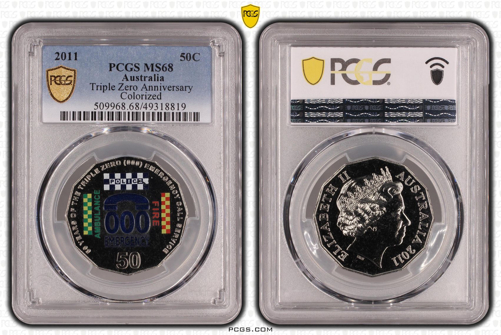 Triple Zero Anniversary Colourised, Fifty Cent, 2011, PCGS MS68