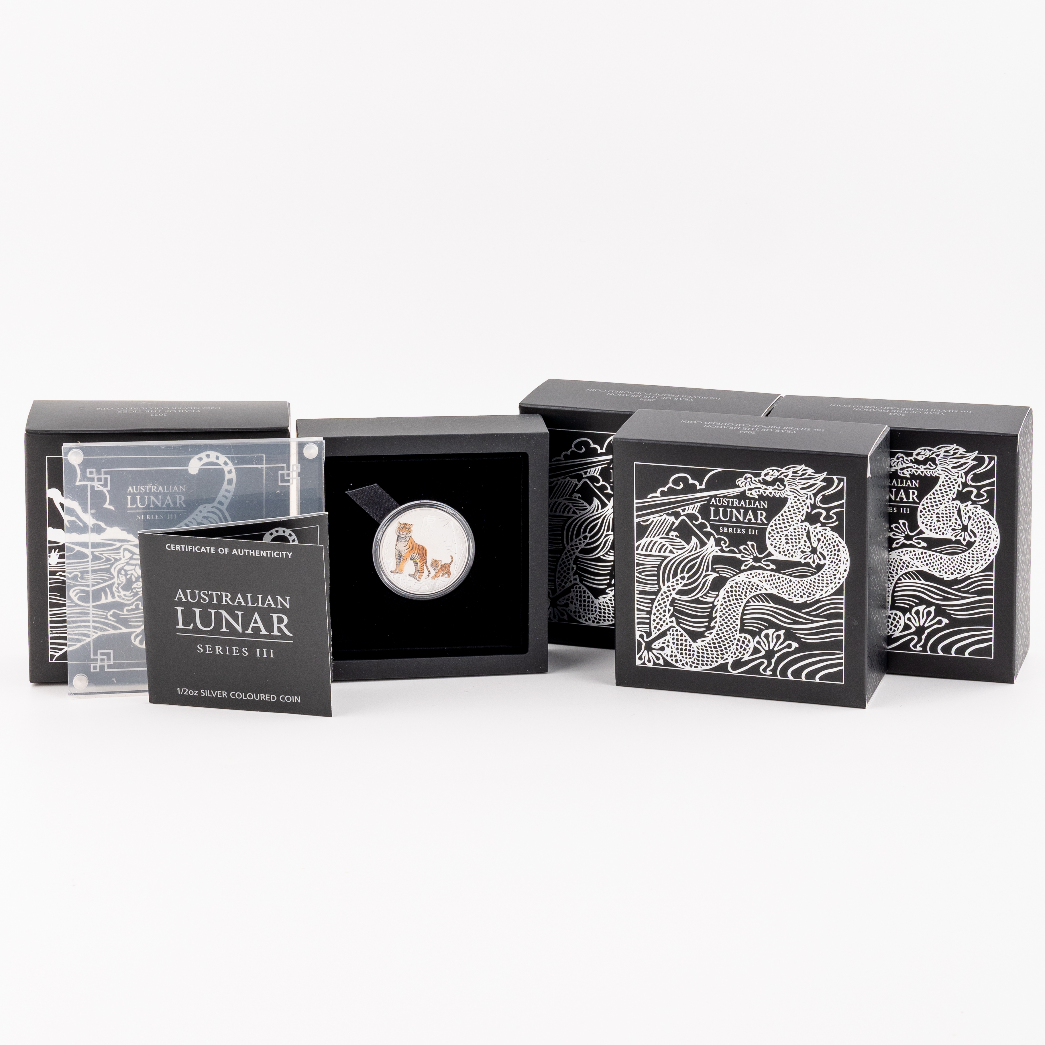 253 · Elizabeth II, Perth Mint - Lunar Series III, Year of the Tiger & Dragon, Fifty Cents - One Dollar, 2022 - 2024,  FDC