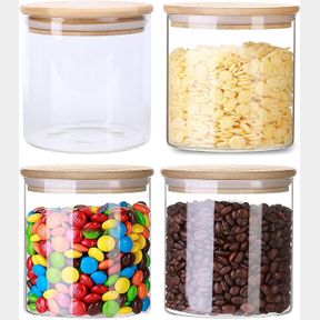 18.6 OZ LAWEI 4 PACK GLASS STORAGE JARS WITH AIRTIGHT BAMBOO LIDS, 18.6 OZ CLEAR GLASS KITCHEN CANISTERS FOOD STORAGE CONTAINER FO
