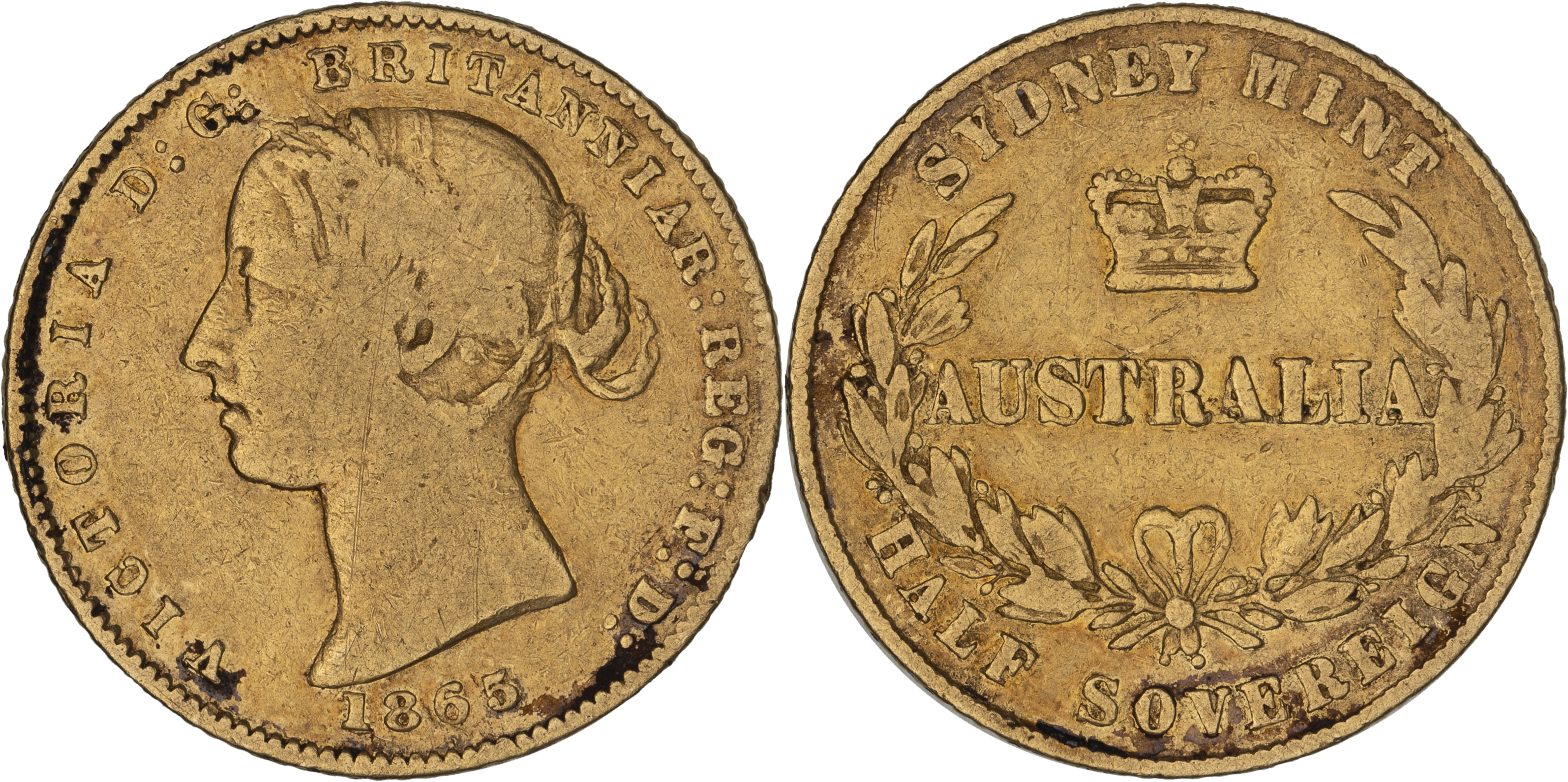 Victoria, Sydney Mint Reverse - Type II, Half Sovereign, 1865, VG