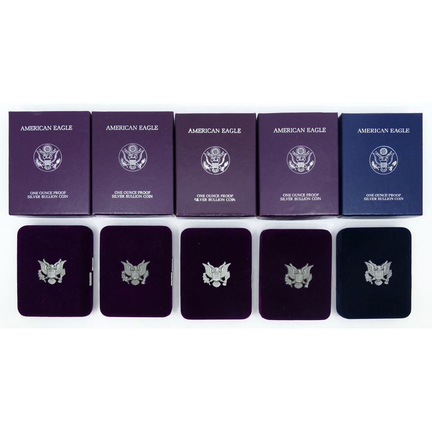 Box 5pc US $1 American Silver Eagles - 1986-87, 1989-90, 2005