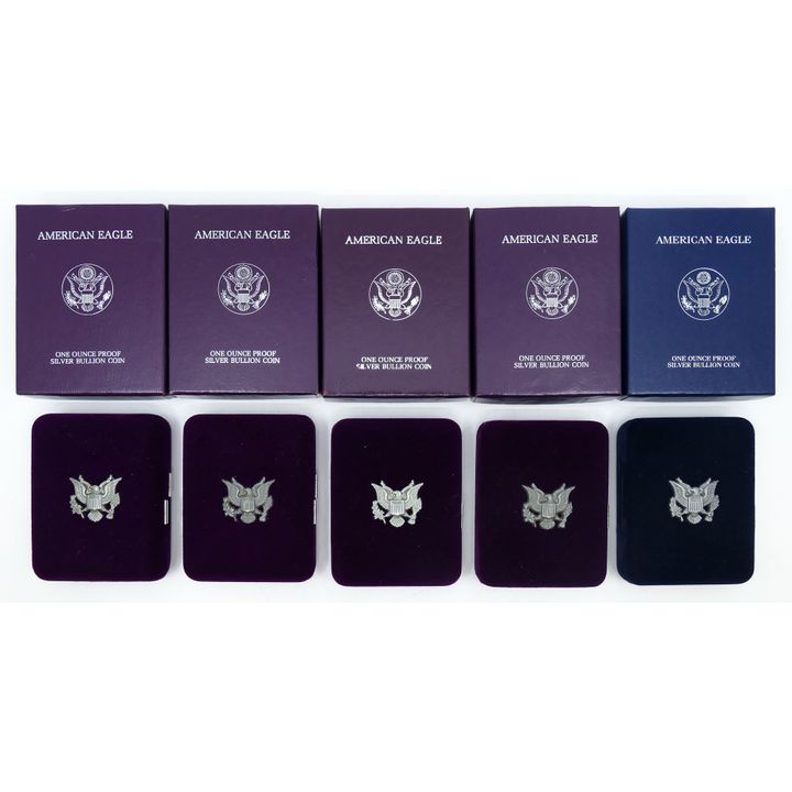 Box 5pc US $1 American Silver Eagles - 1986-87, 1989-90, 2005