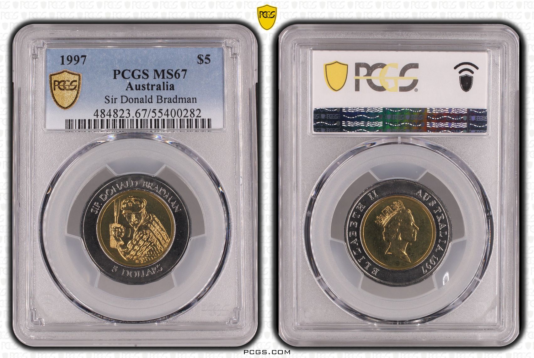 Sir Donald Bradman, Five Dollar, 1997, PCGS MS67