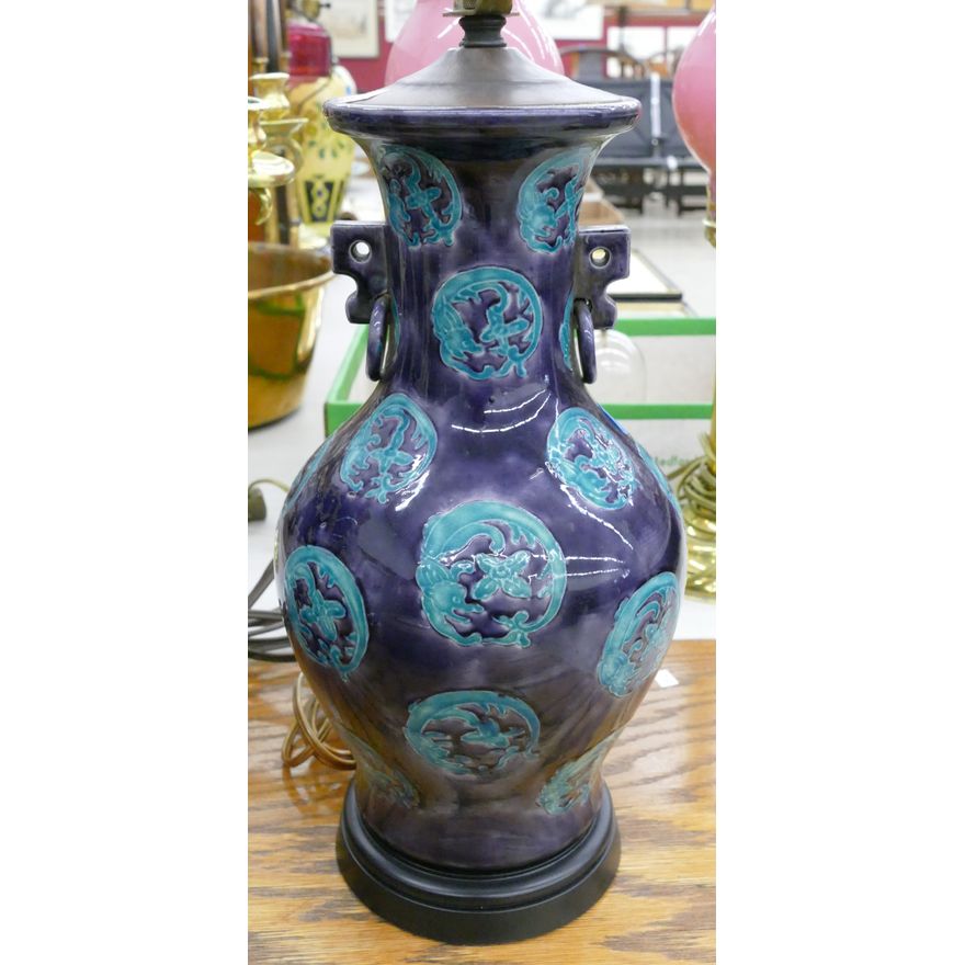 Old Chinese Cobalt Ground Handled Vase Lamp 24''