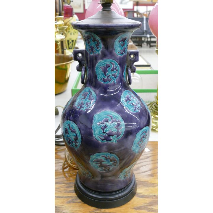 Old Chinese Cobalt Ground Handled Vase Lamp 24''