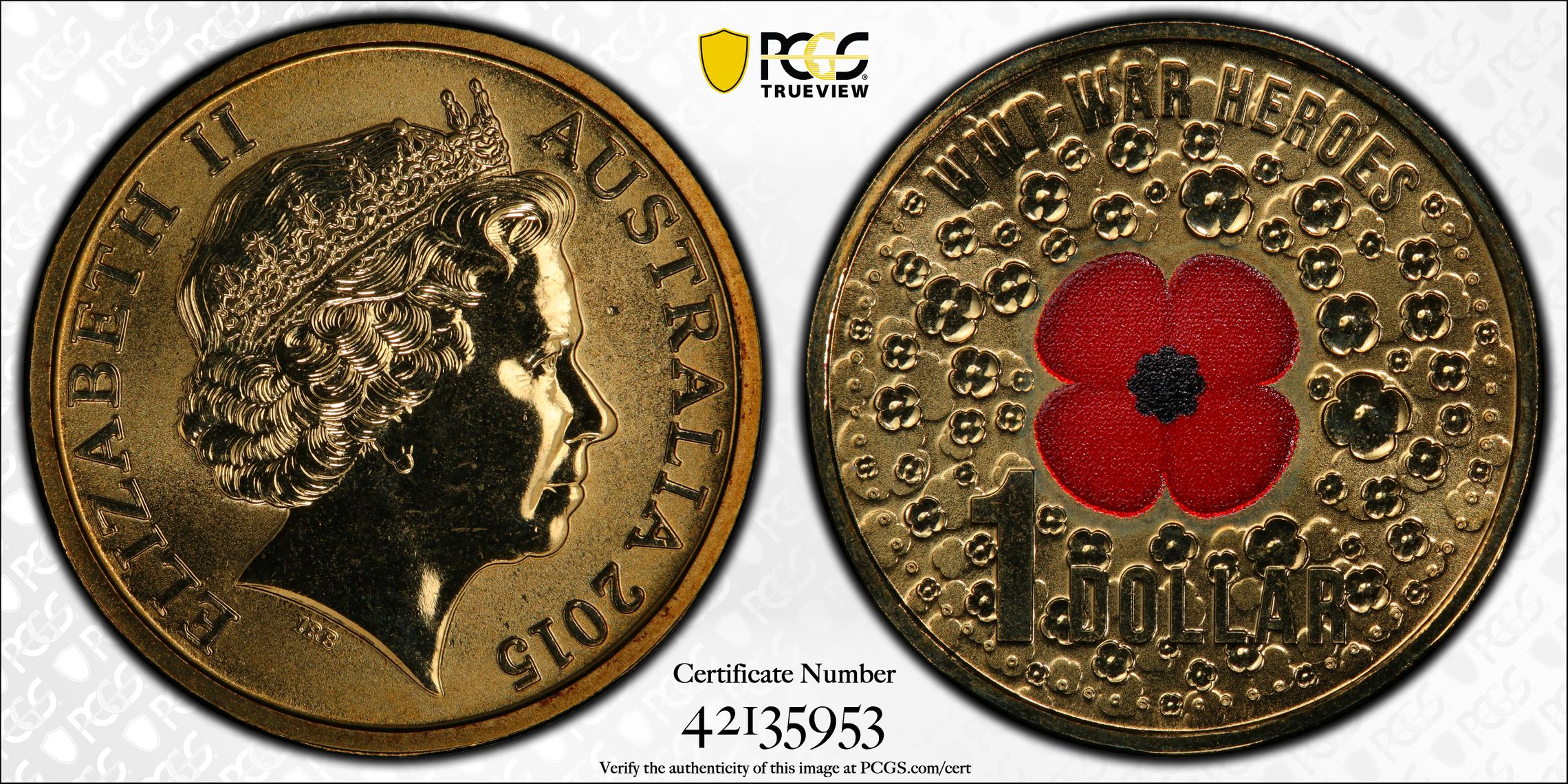 WWI War Heroes-Red Poppy Colourised, One Dollar, 2015, PCGS MS67