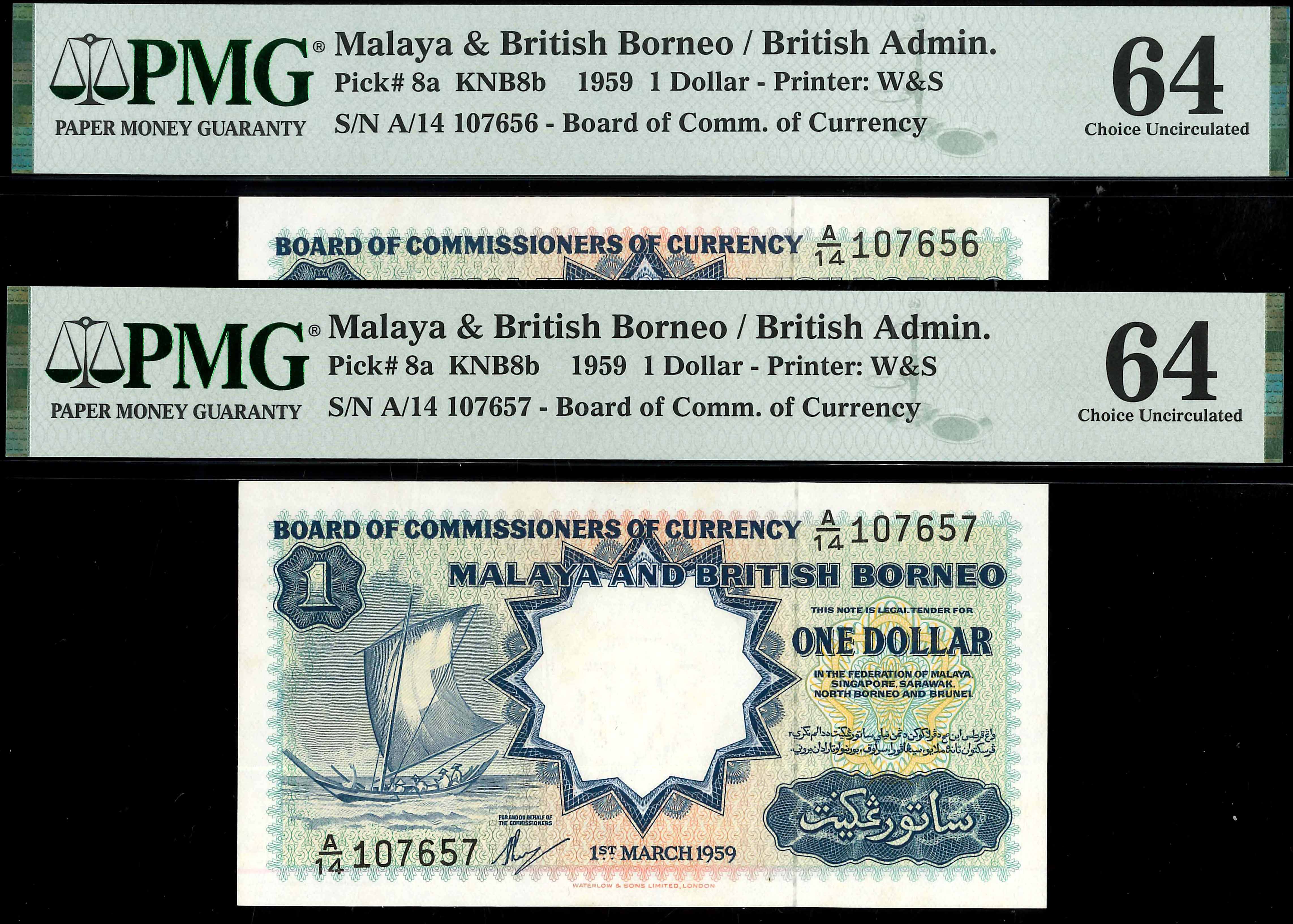 Malaya & British Borneo, 1959, 1 Dollar, P-8a, S/N. A/14 107656
