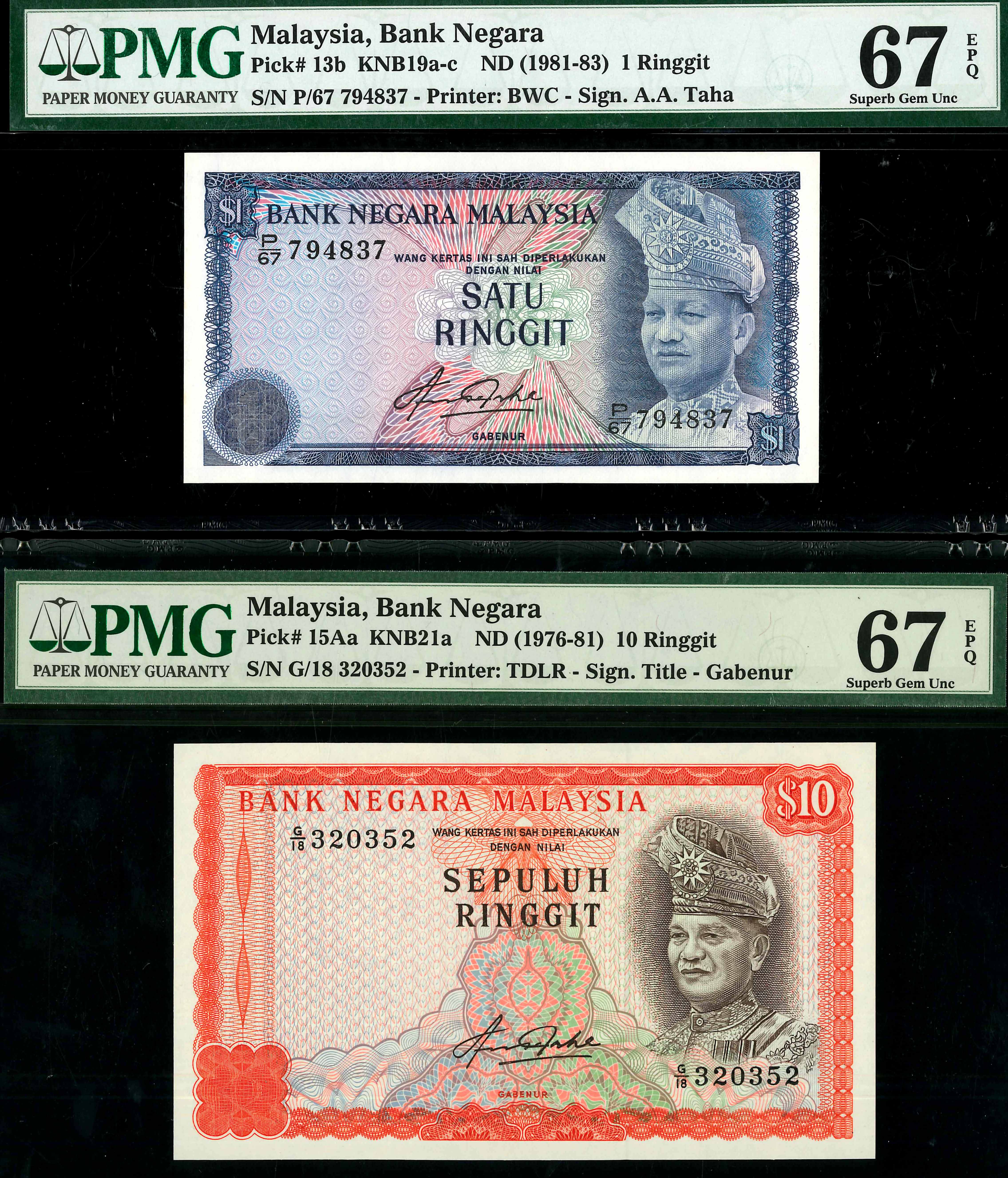 Malaysia, 4th series, 1981-83, 1/10 Ringgit, P-13b/14Aa, S/N. P/67 