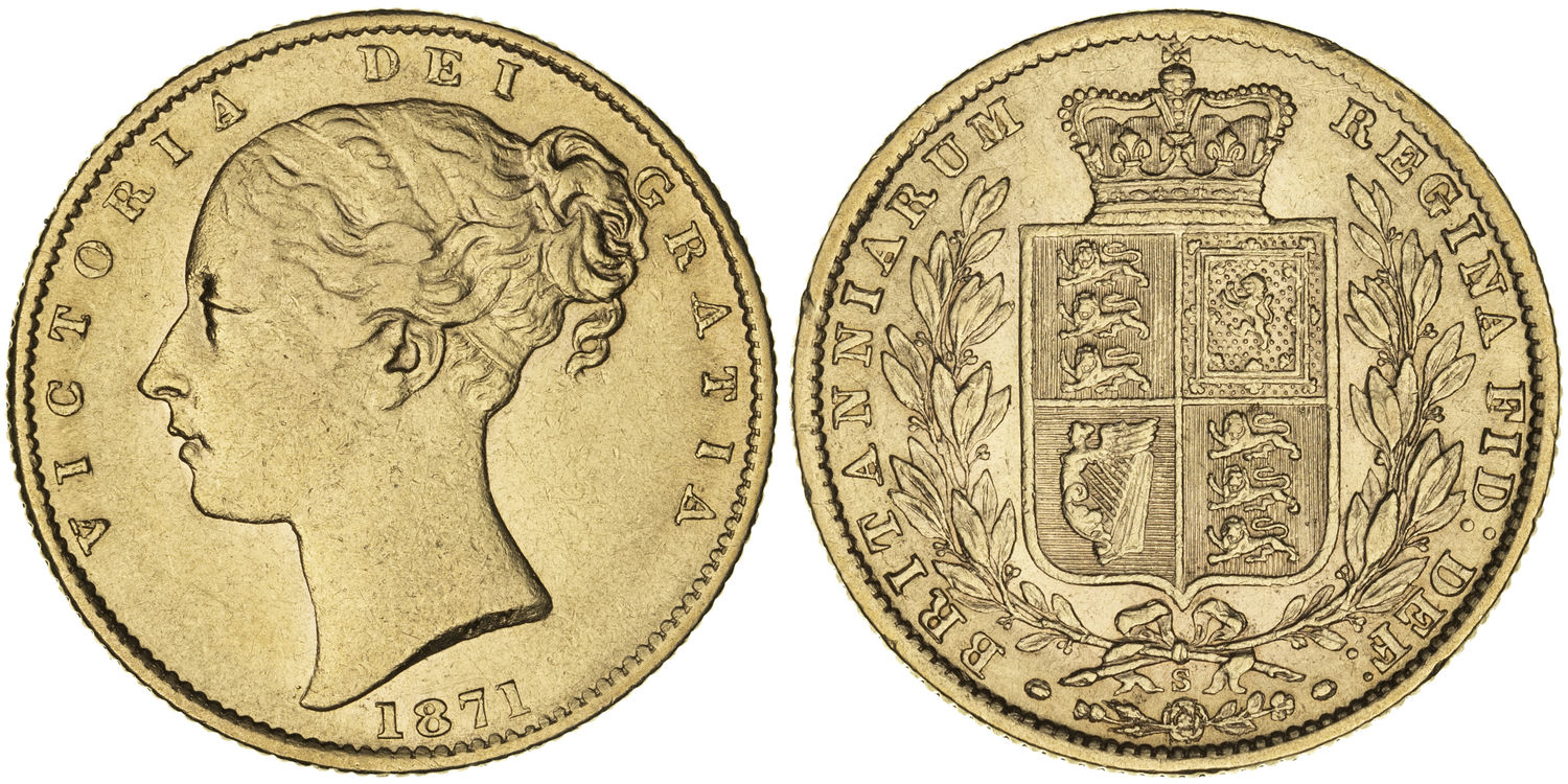 Victoria, Shield Reverse, Sovereign, 1871-S, VF