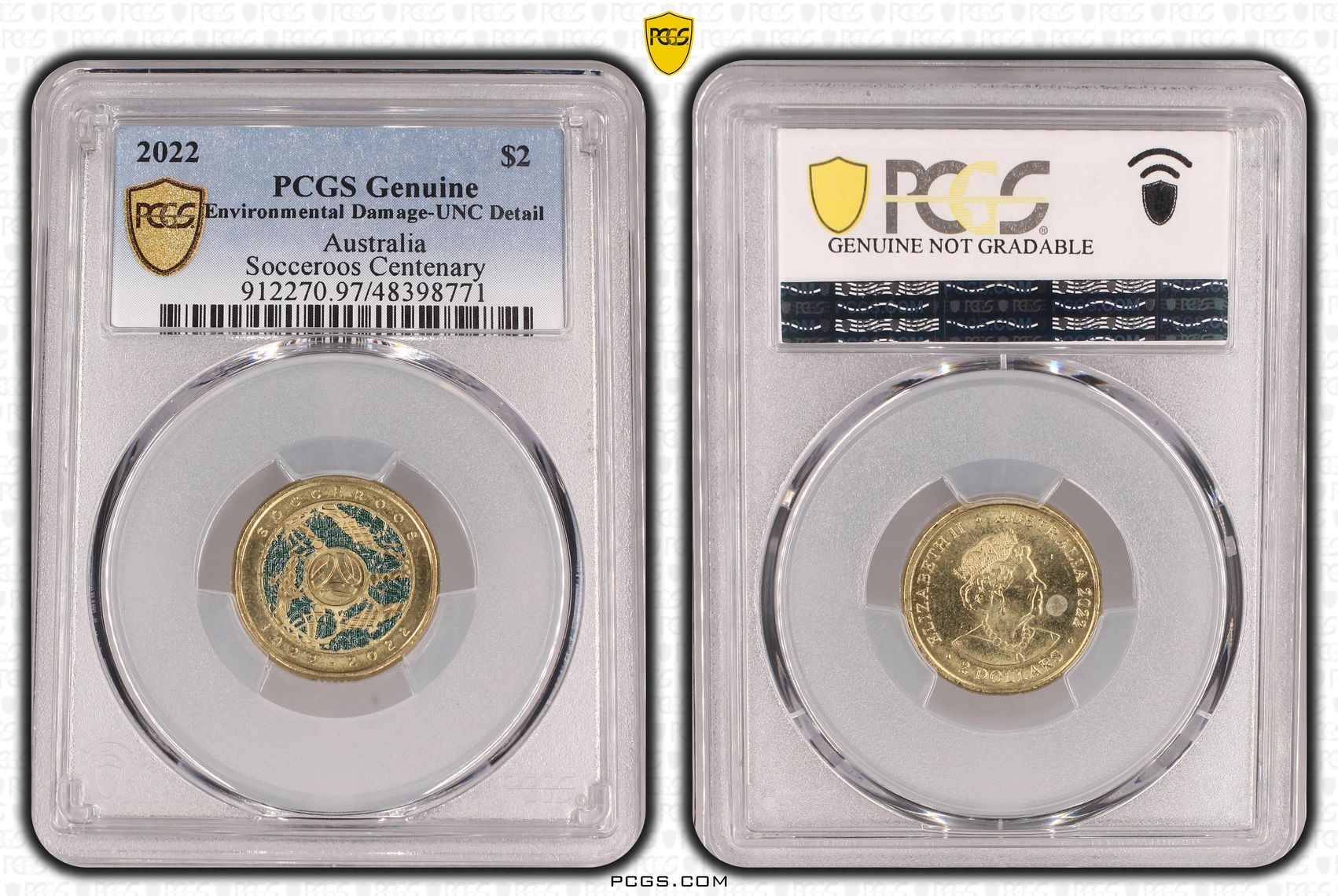 Elizabeth II, Socceroos Centenary, Two Dollar, 2022, PCGS Genuine - UNC Details (97 - Environmental Damage)