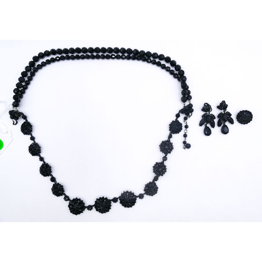 Vintage Austrian Black Rhinestone Triple Necklace with Earrings