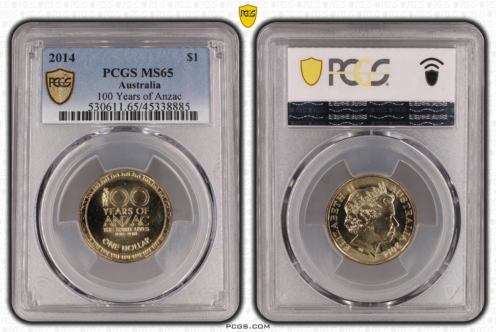 397 · Elizabeth II, 100 Years of Anzac, One Dollar, 2014, PCGS MS65