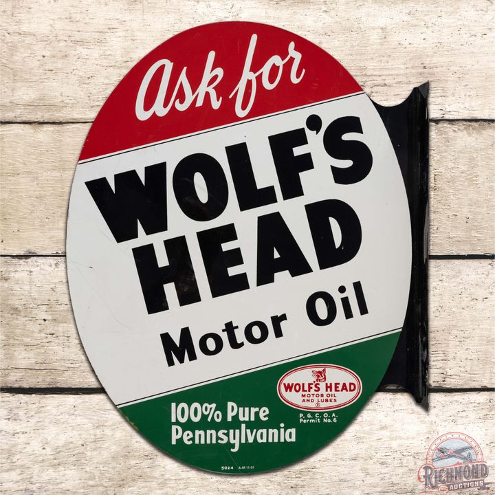 Superb 1951 Ask for Wolf's Head Motor Oil Double Sided Tin Flange Sign w/ Logo