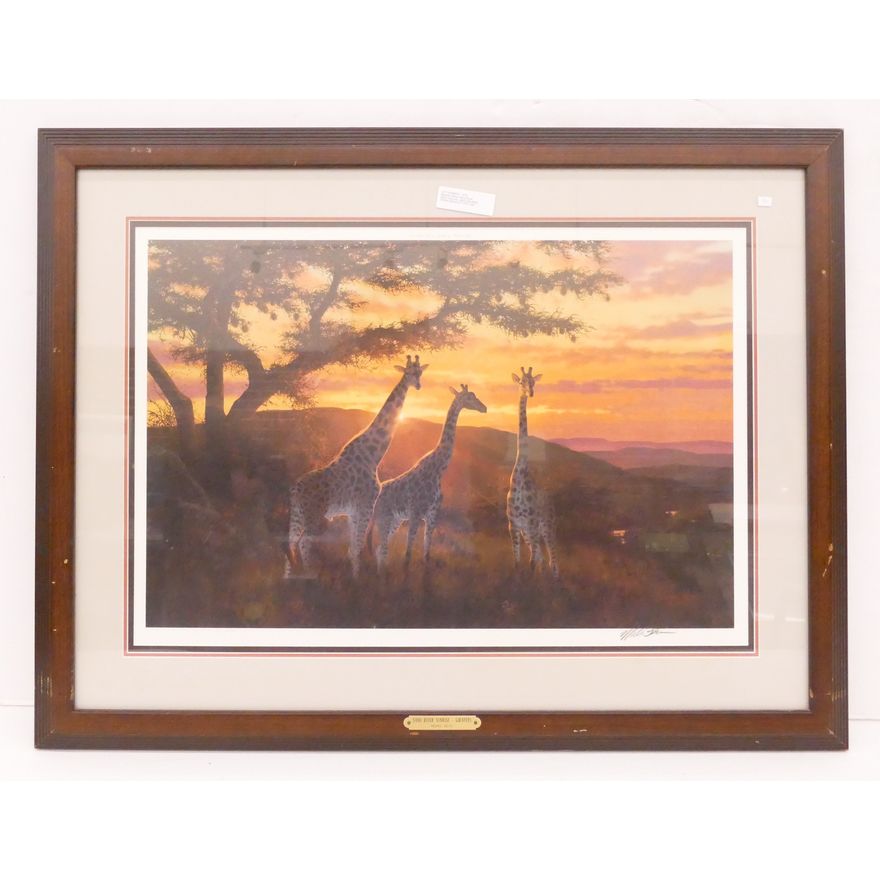 Michael Sieve 'Sand River Sunrise Giraffes' S/N Lithograph- 29x37'' framed