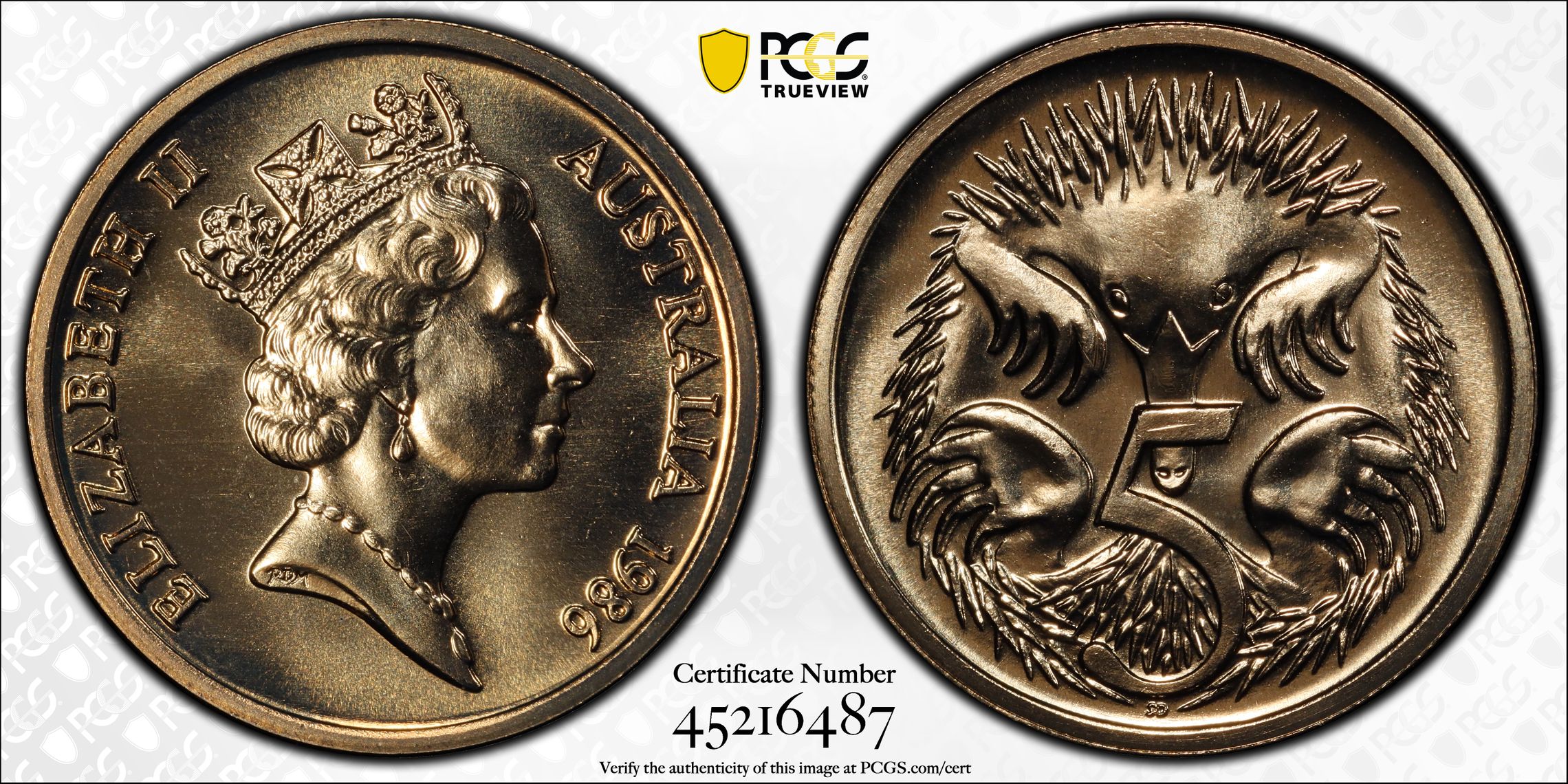 1986 Australia Five Cent, 5c Low Echidna PCGS - MS68 -487