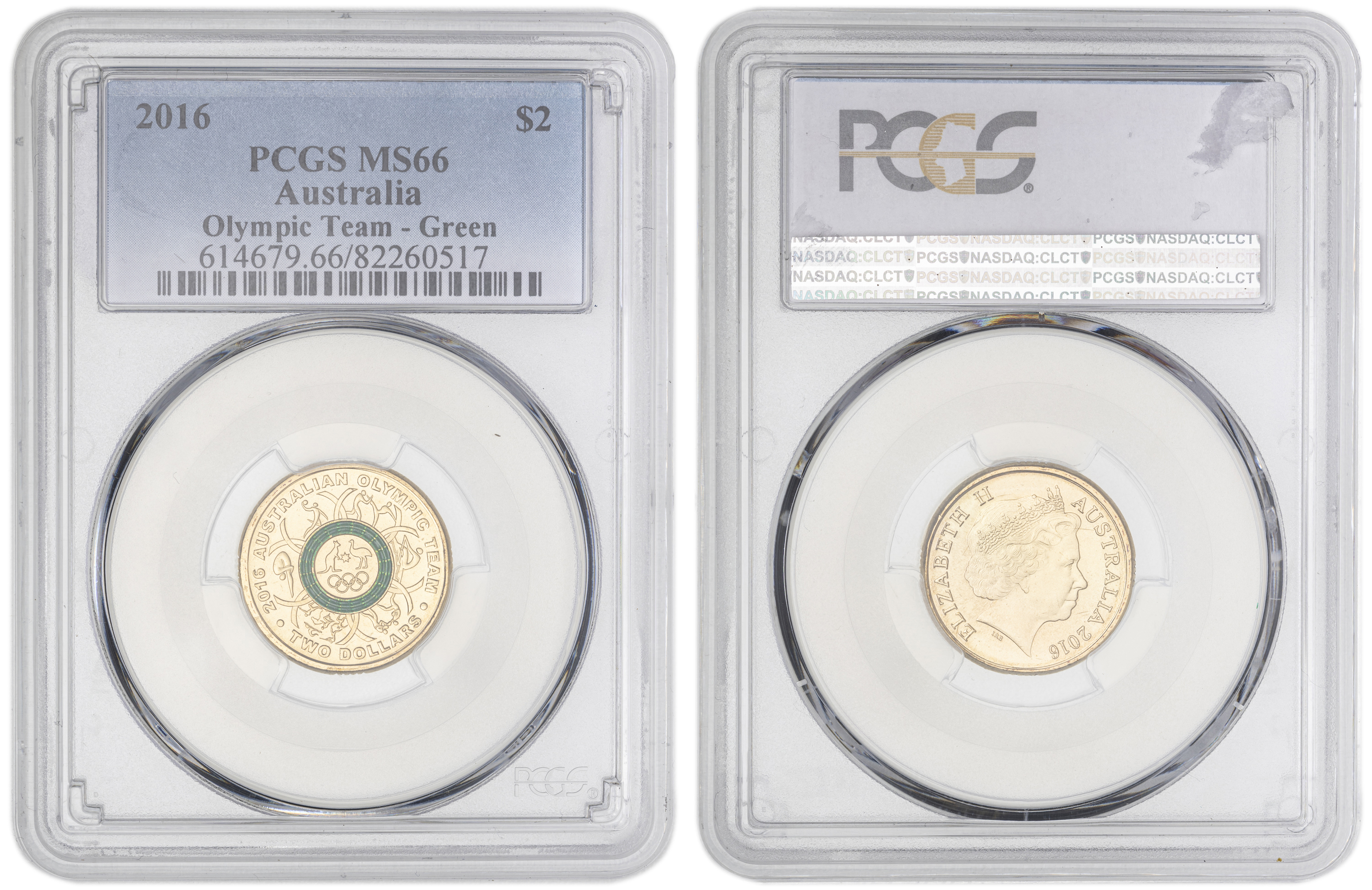 420 · Elizabeth II, Olympic Team - Green , Two Dollar, 2016, PCGS MS66
