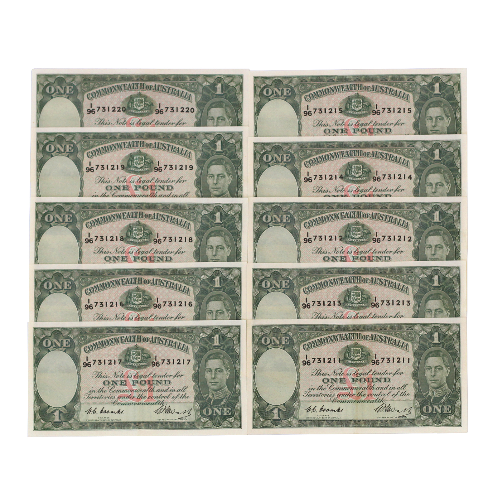 1892. · Consecutive Run, Coombs/Watt, One Pound, 1949, aUNC
