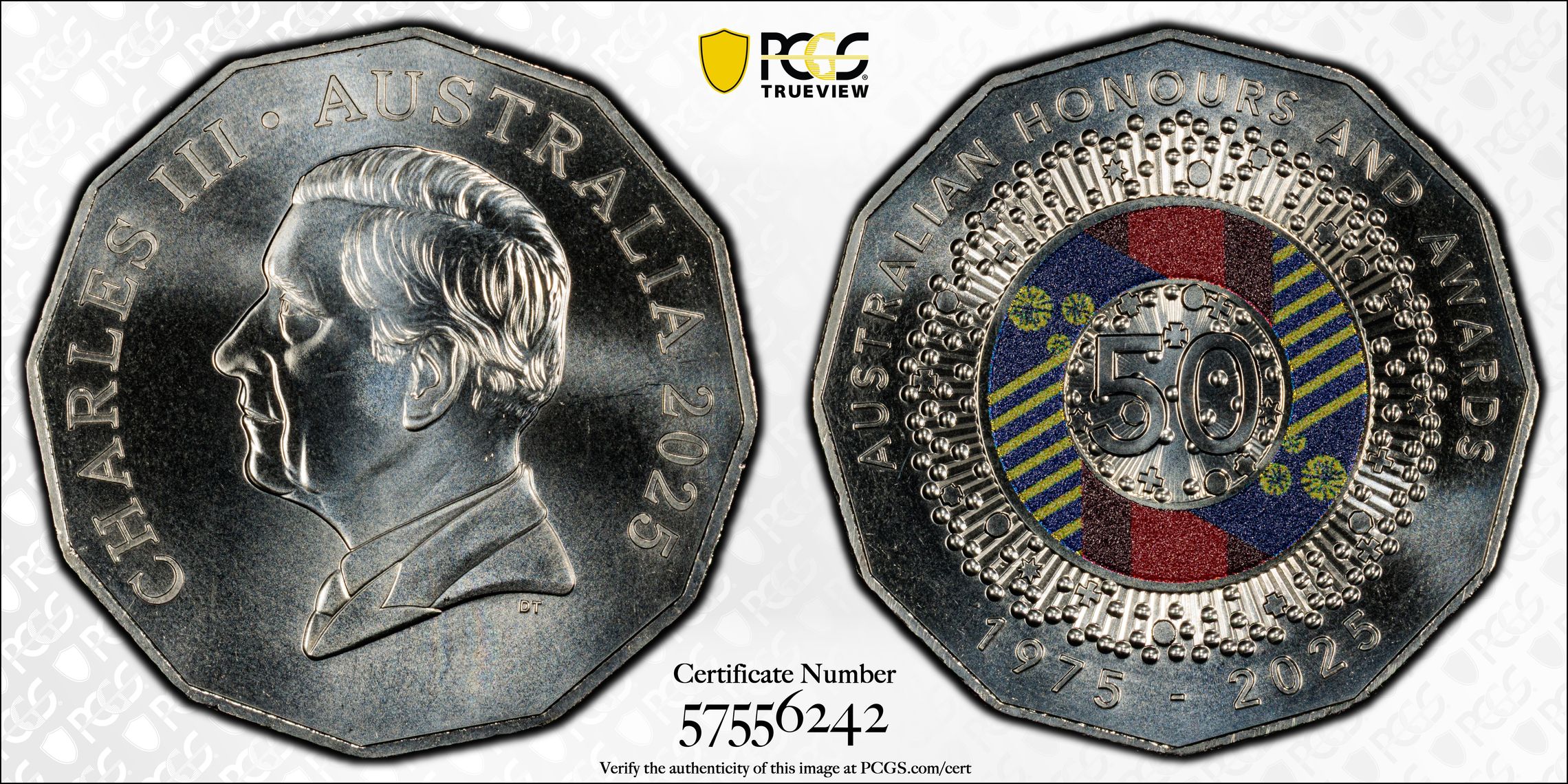 Honours and Awards CuNi Colourised, Fifty Cent, 2025, PCGS MS68