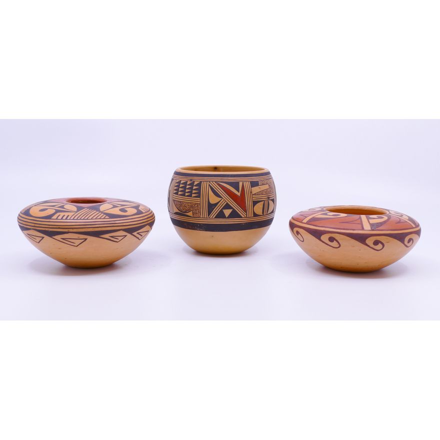 3pc Dewakuku Hopi Polychrome Decorated Small Pots- 3.5'' to 4'' diameters