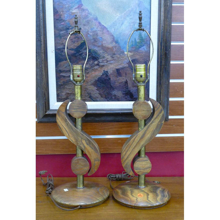 Pair Mid Century Wood & Brass Table Lamps 25''