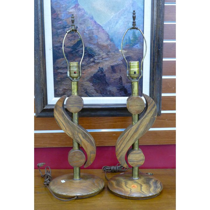 Pair Mid Century Wood & Brass Table Lamps 25''