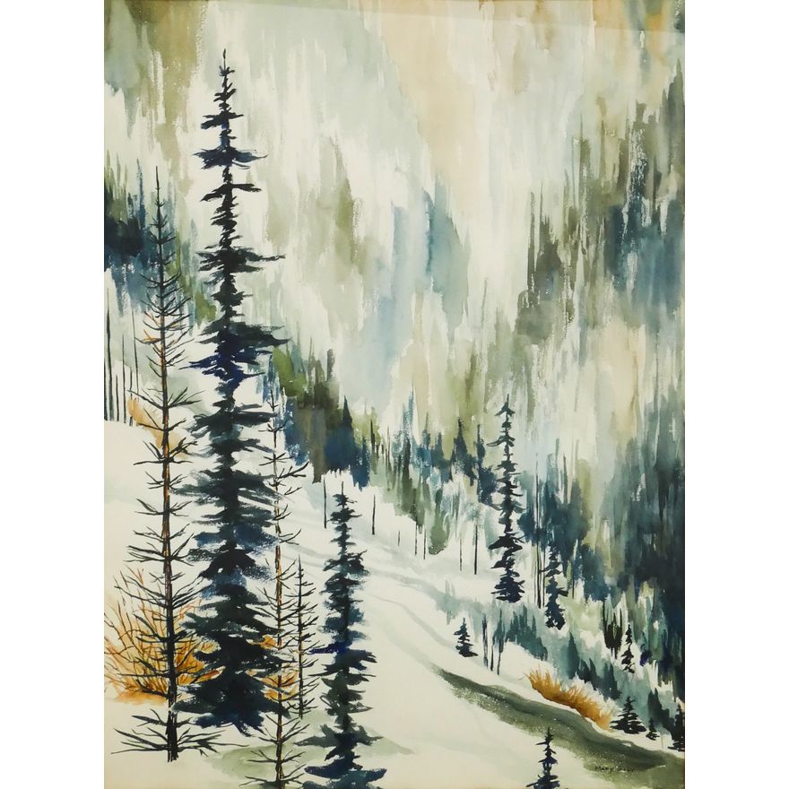 Winter Forest Watercolor Painting signed Mary Gray.