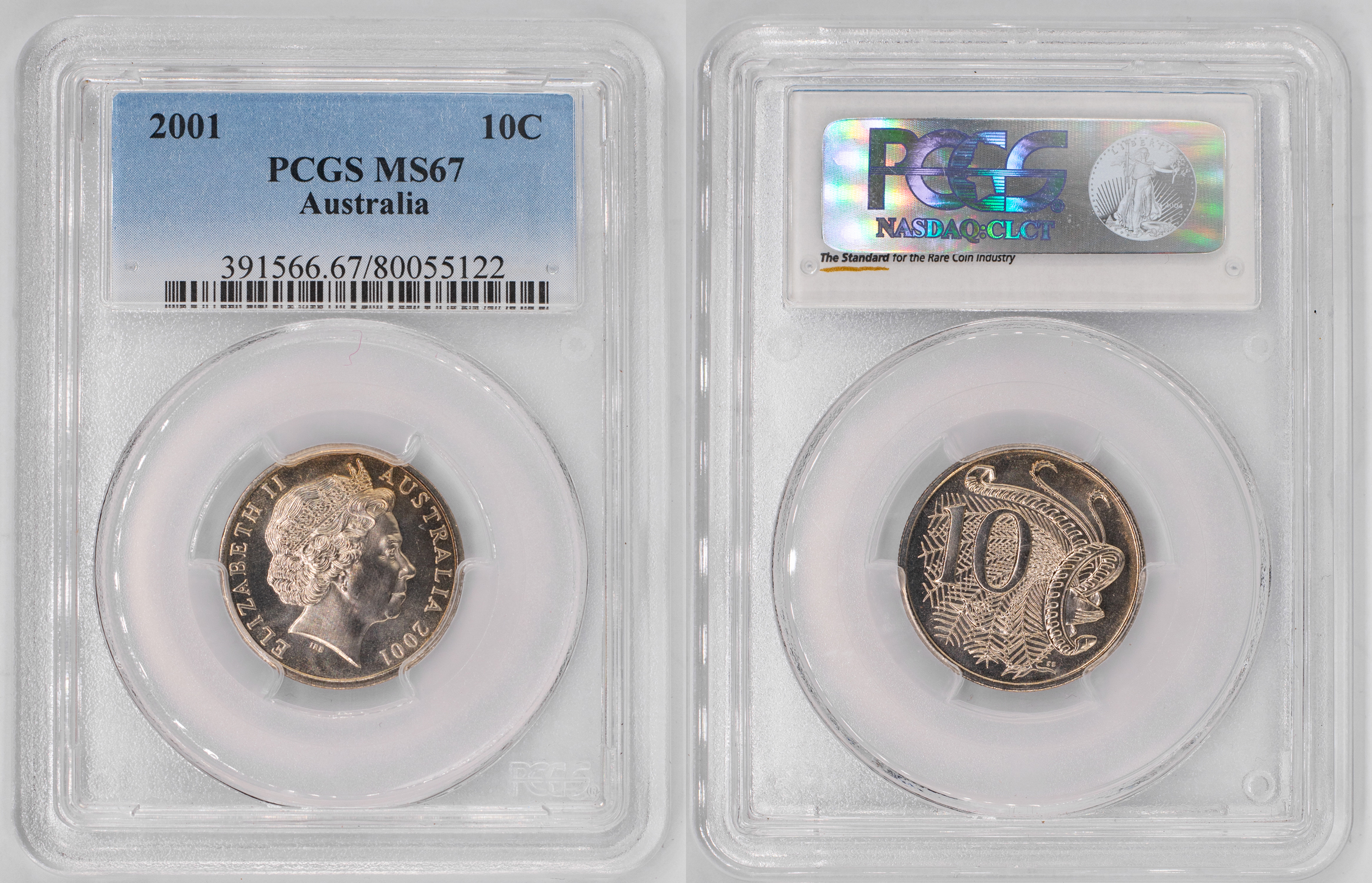 Elizabeth II, Large Head, Ten Cent, 2001, PCGS MS67