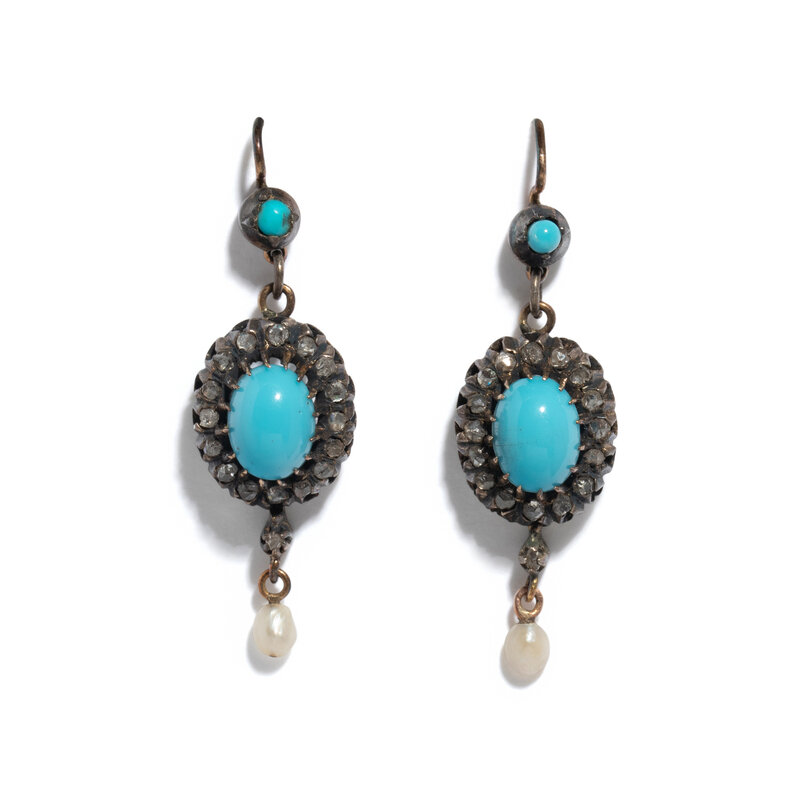 ANTIQUE, DIAMOND, TURQUOISE, AND SEED PEARL EARRINGS