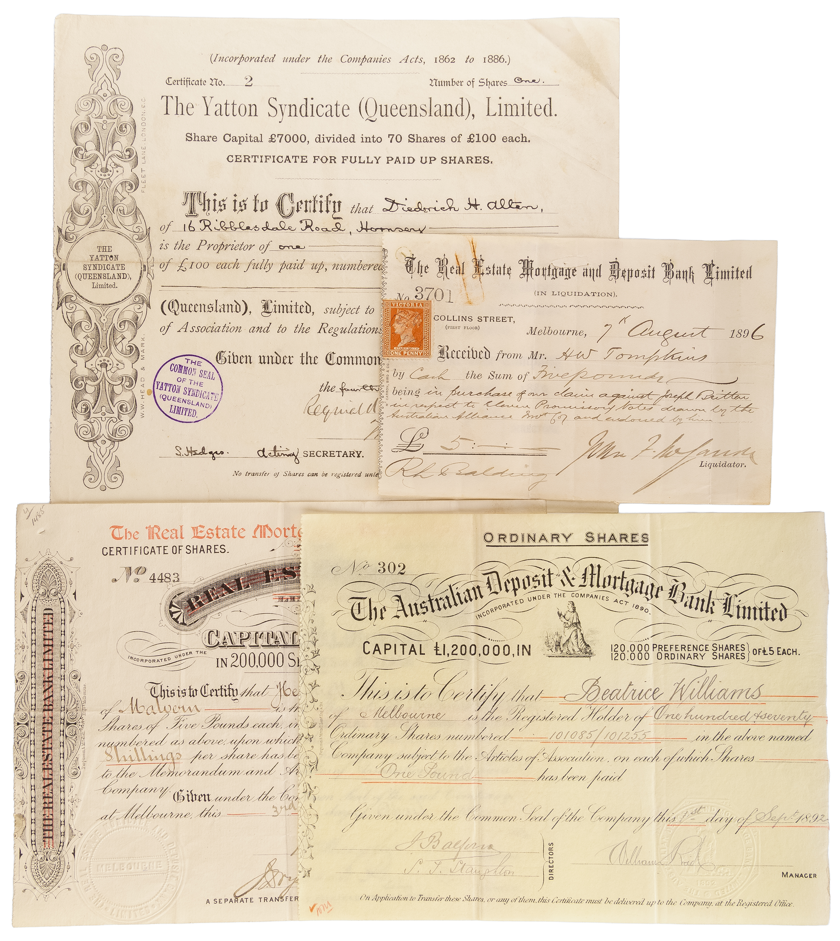 Australian Share Certificates, 1889 - 1896, VF