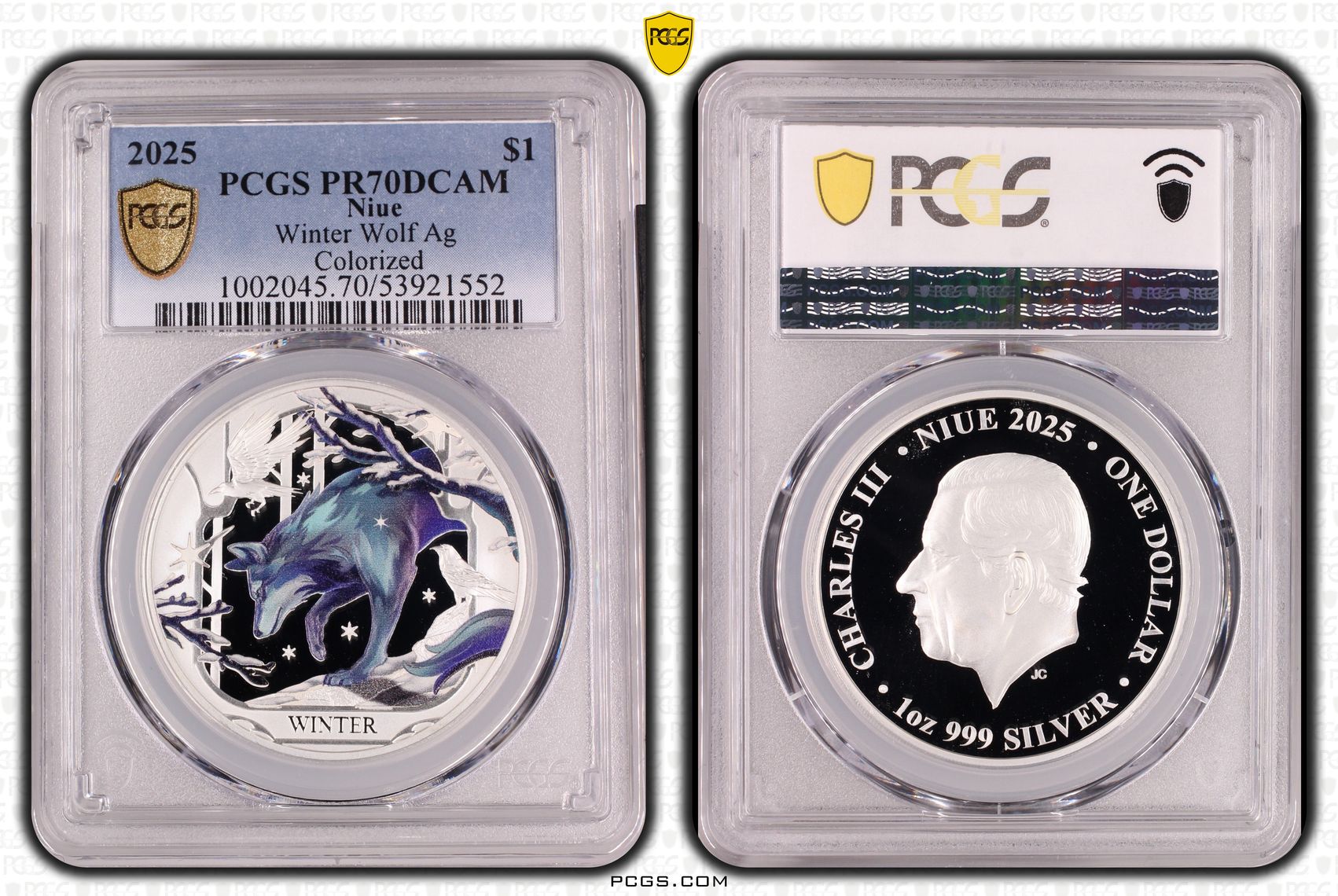 Niue, Winter Wolf Silver Colourised, 2/0, One Dollar, 2025, PR70DCAM
