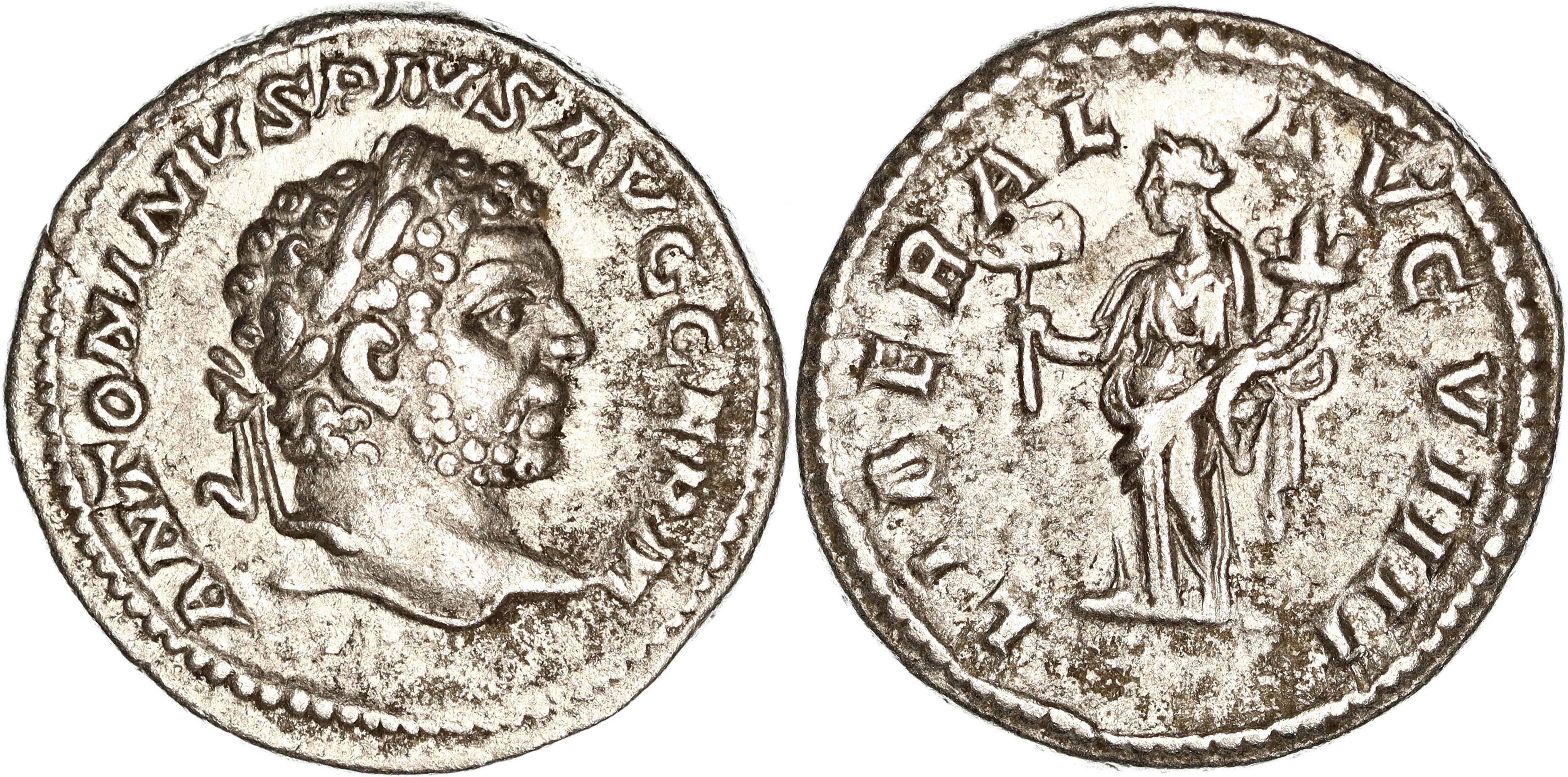 Roman Empire, Caracalla, Silver Denarius, 215 AD, VF