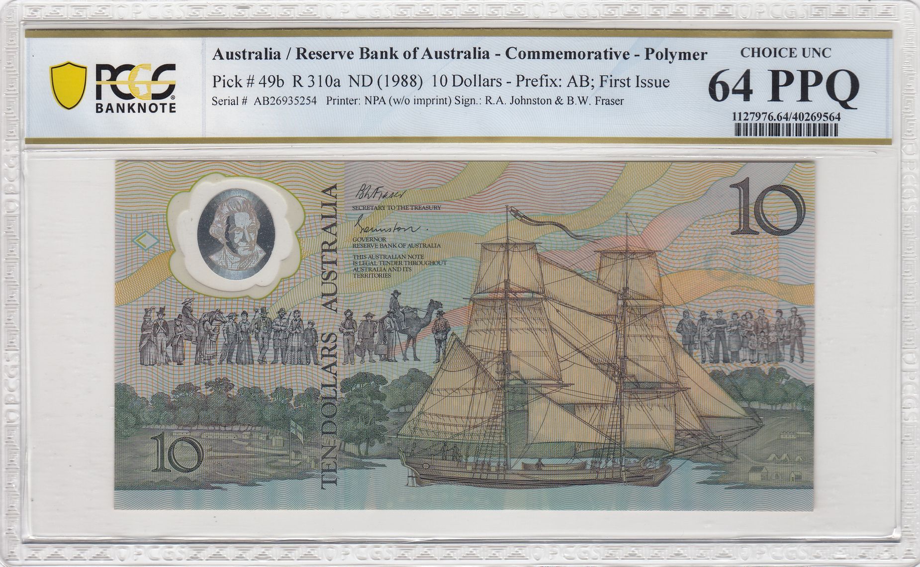 Bicentennial of British Settlement, First Issue Prefix: AB, Ten Dollar, 1988, PCGS Choice UNC 64 PPQ