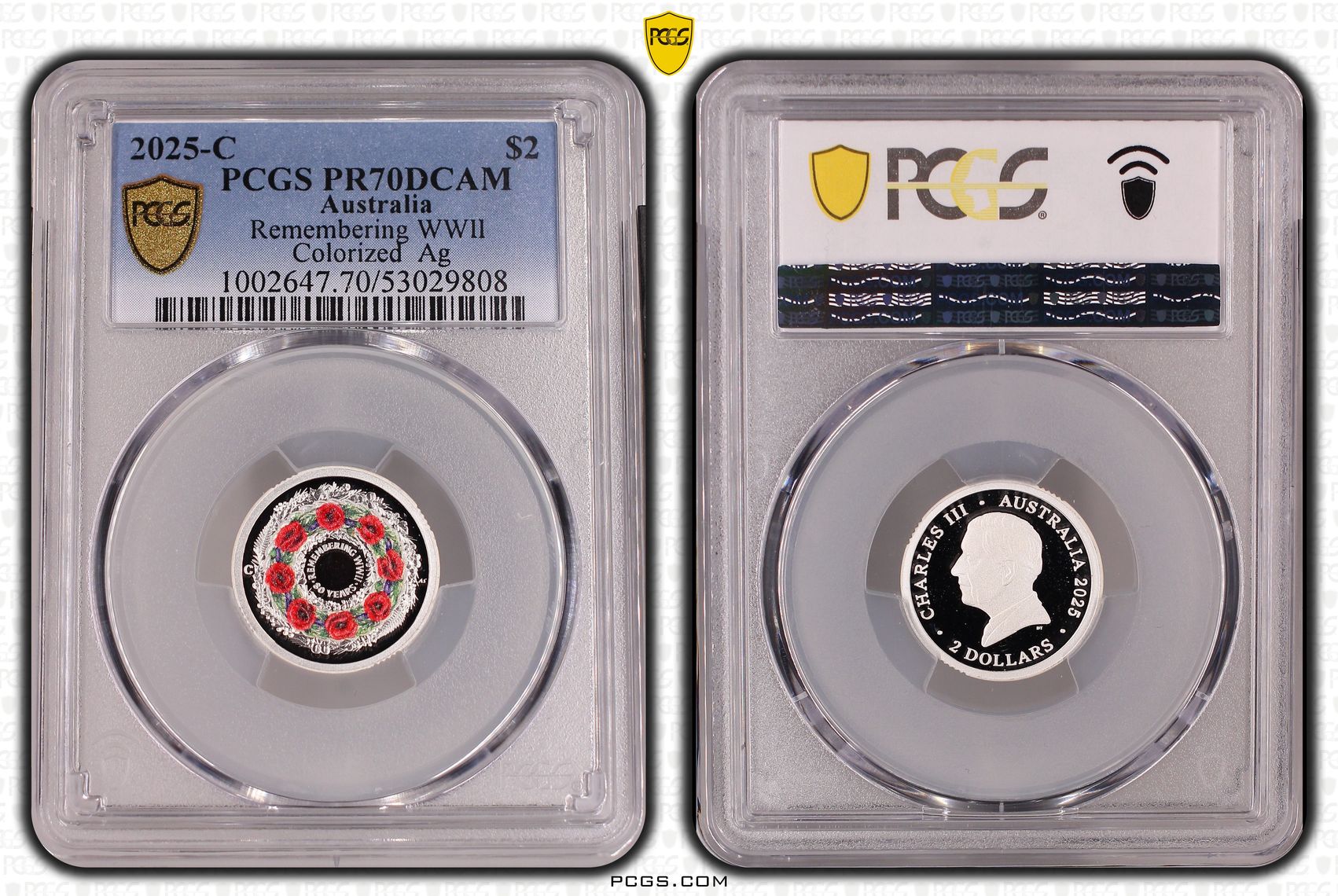 Remembering WWII Colourised Silver, Two Dollars, 2025-C, PCGS PR70DCAM