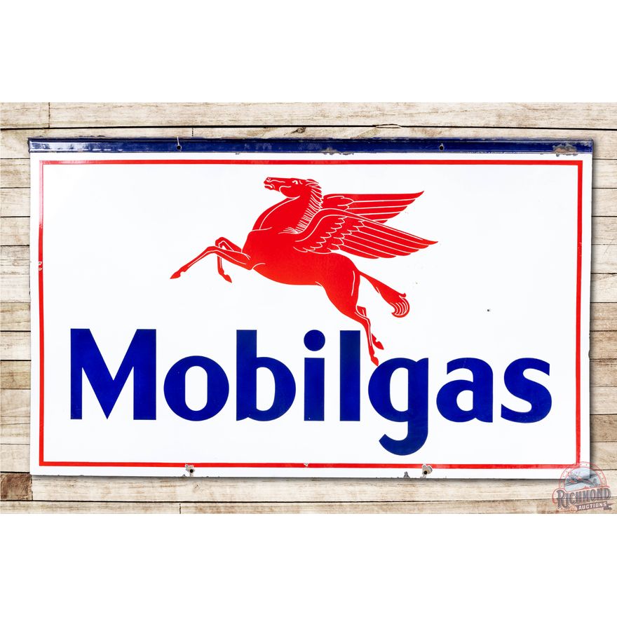 1932 5' Mobilgas w/ Pegasus Double Sided Porcelain Sign & Original Porcelain Mounting Bar