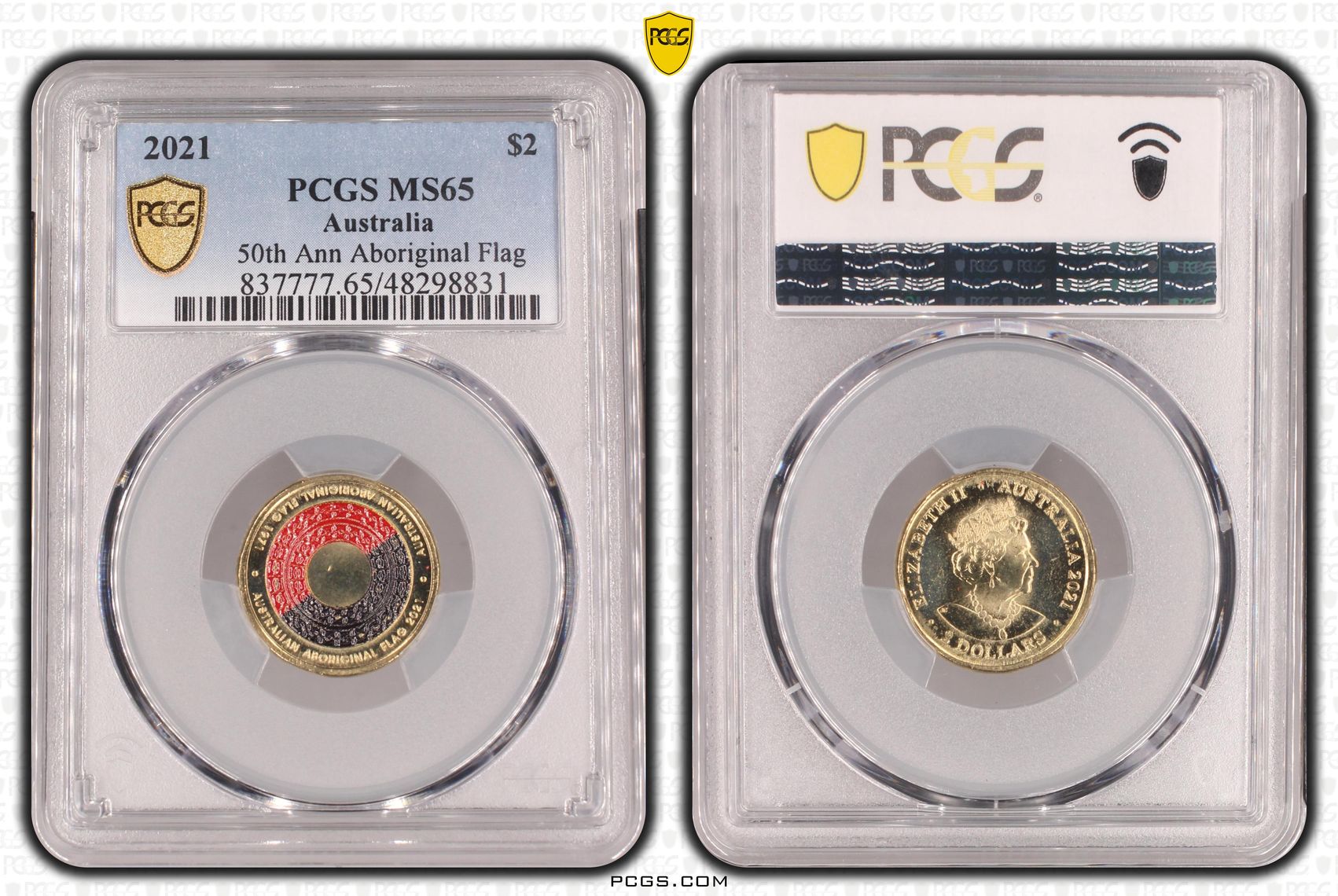 50th Ann Aboriginal Flag Colourised, Two Dollar, 2021, PCGS MS65